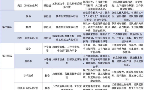 互聯網大廠舒適度一覽，僅供參考